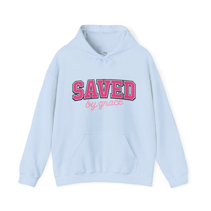 Saved by Grace Hoodie — Christian Faith Pullover in Pink Collegiate Script