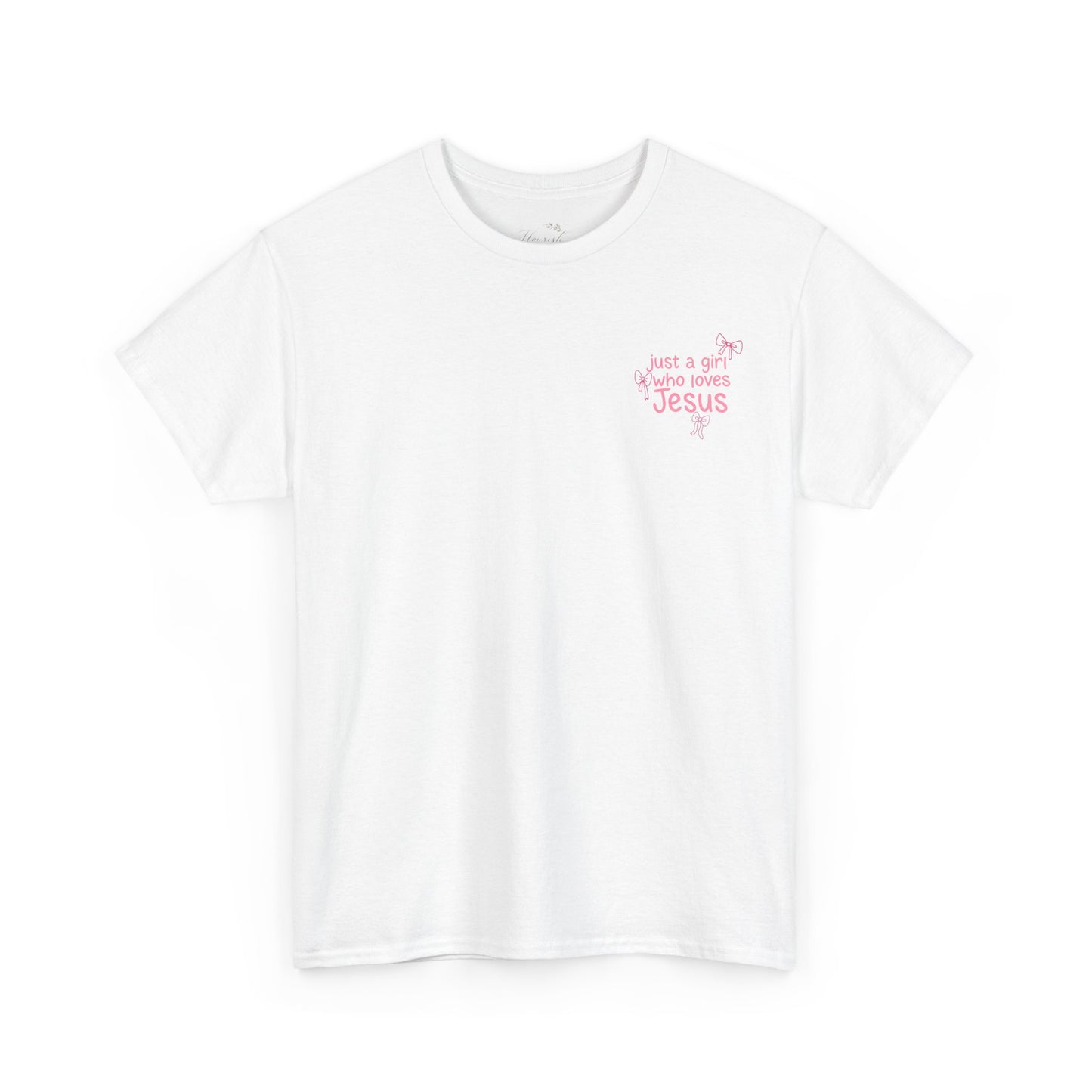 T-Shirt — "Just a Girl Who Loves Jesus" Pink Bow Christian Tee