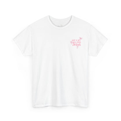 T-Shirt — "Just a Girl Who Loves Jesus" Pink Bow Christian Tee