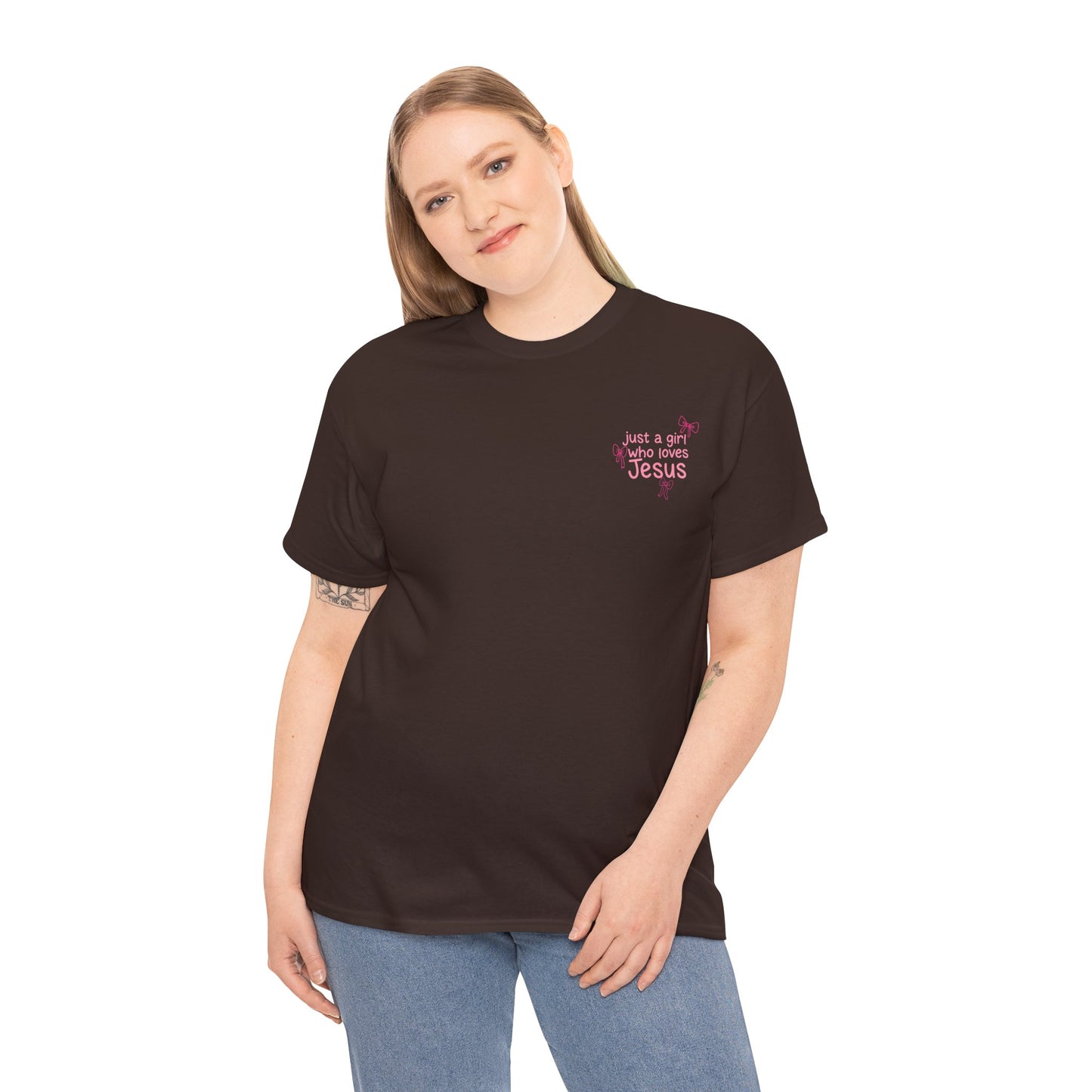 T-Shirt — "Just a Girl Who Loves Jesus" Pink Bow Christian Tee