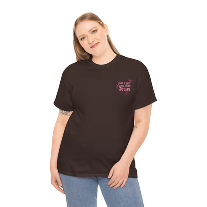 T-Shirt — "Just a Girl Who Loves Jesus" Pink Bow Christian Tee