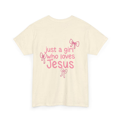 T-Shirt — "Just a Girl Who Loves Jesus" Pink Bow Christian Tee
