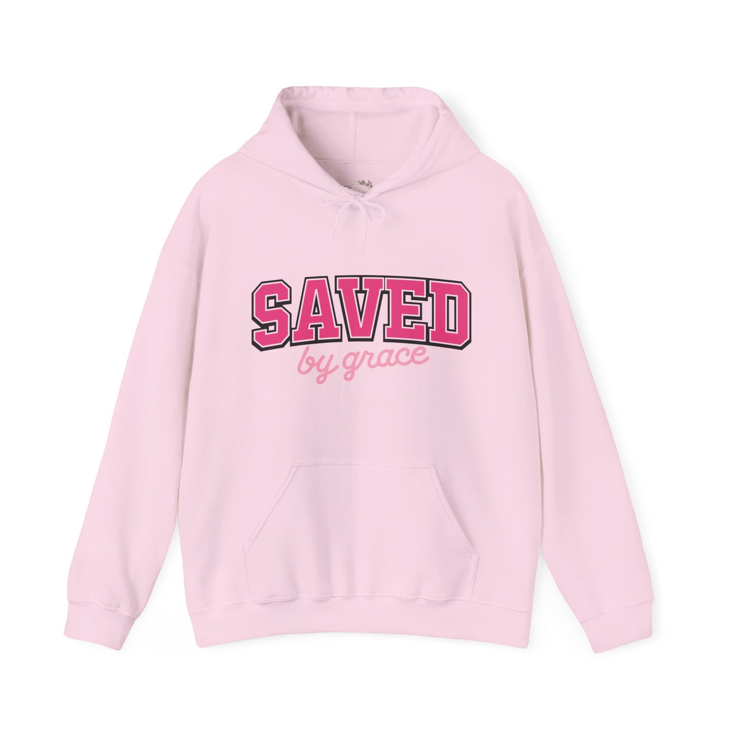 Saved by Grace Hoodie — Christian Faith Pullover in Pink Collegiate Script
