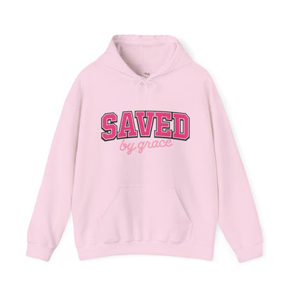 Saved by Grace Hoodie — Christian Faith Pullover in Pink Collegiate Script