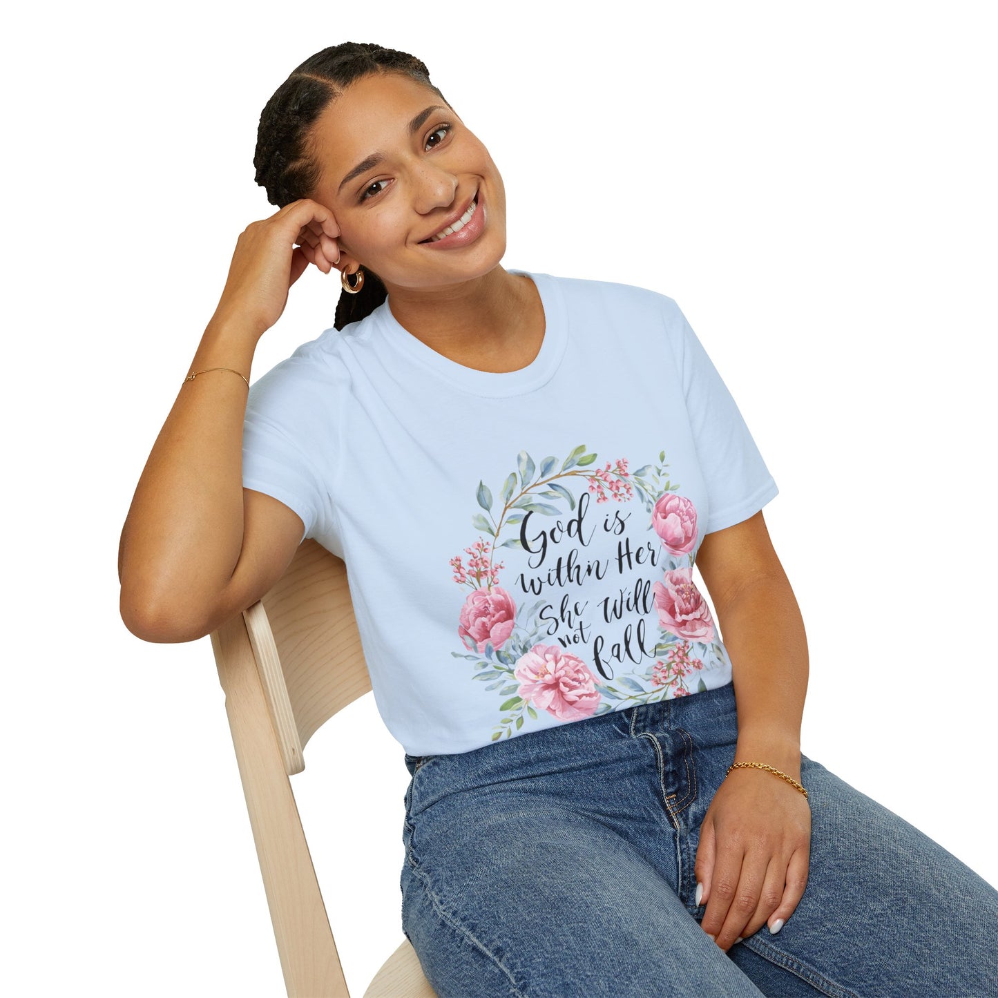 Floral Faith T-Shirt — "God Is Within Her She Will Not Fall" Inspirational Christian Tee