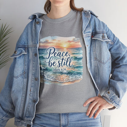 Peace Be Still T-Shirt — Beach Sunset Scripture Tee (Mark 4:39)