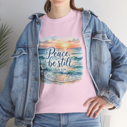 Peace Be Still T-Shirt — Beach Sunset Scripture Tee (Mark 4:39)