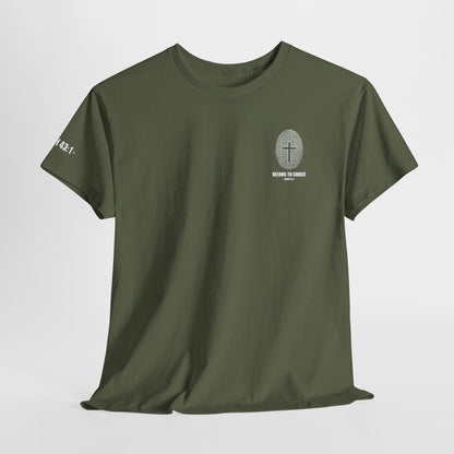 Belong to Christ T-Shirt — Christian Cross Fingerprint Tee (Isaiah 43:1)