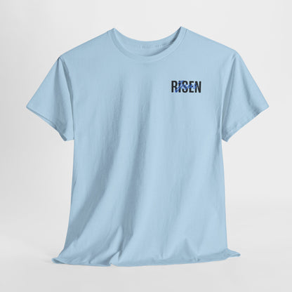BLUE Risen Jesus Tee — Christian Easter Shirt with Crown of Thorns Design