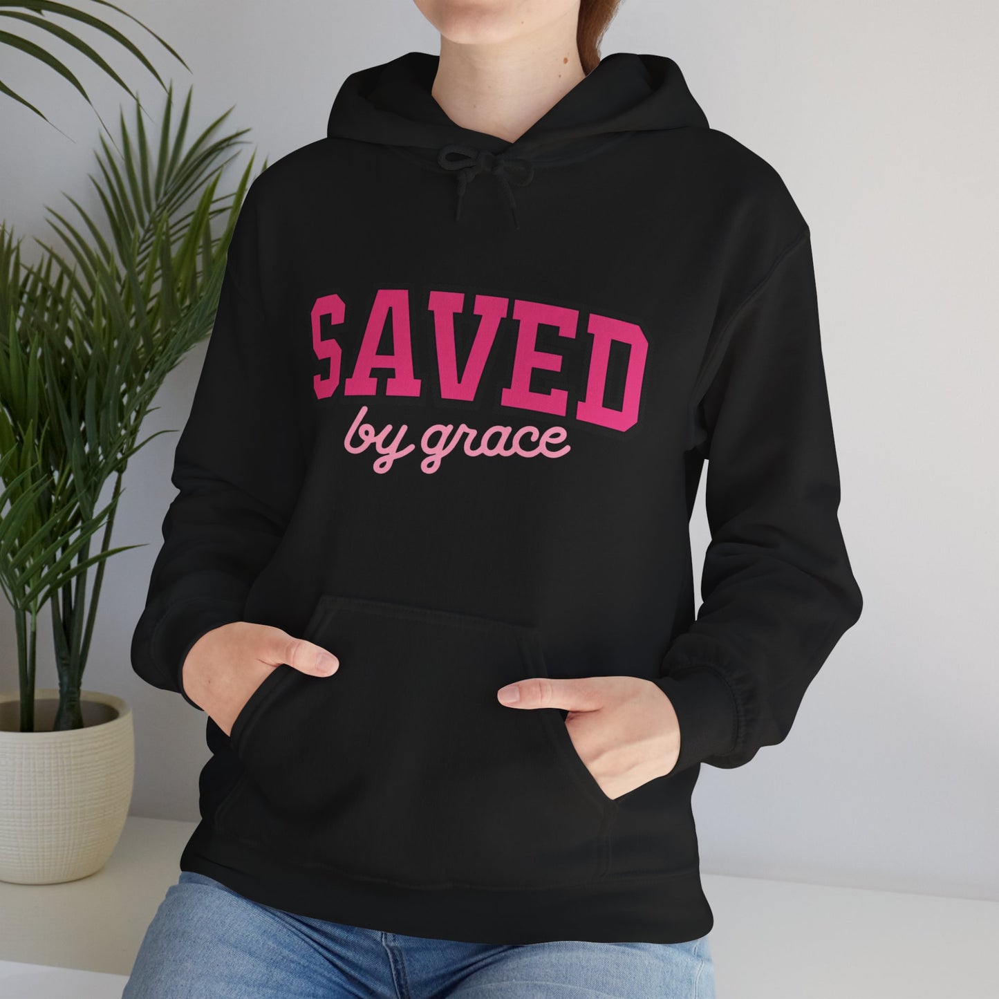 Saved by Grace Hoodie — Christian Faith Pullover in Pink Collegiate Script