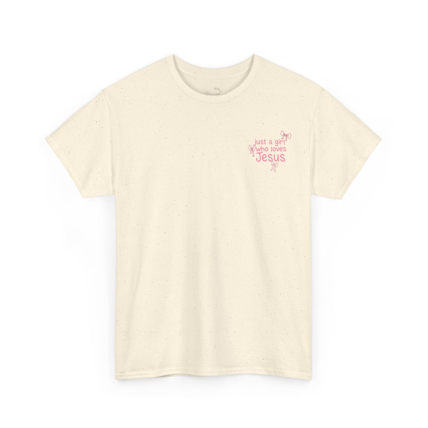 T-Shirt — "Just a Girl Who Loves Jesus" Pink Bow Christian Tee
