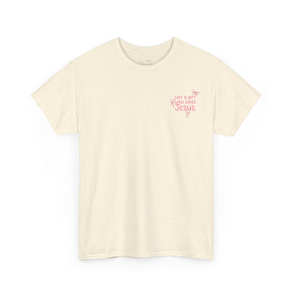 T-Shirt — "Just a Girl Who Loves Jesus" Pink Bow Christian Tee