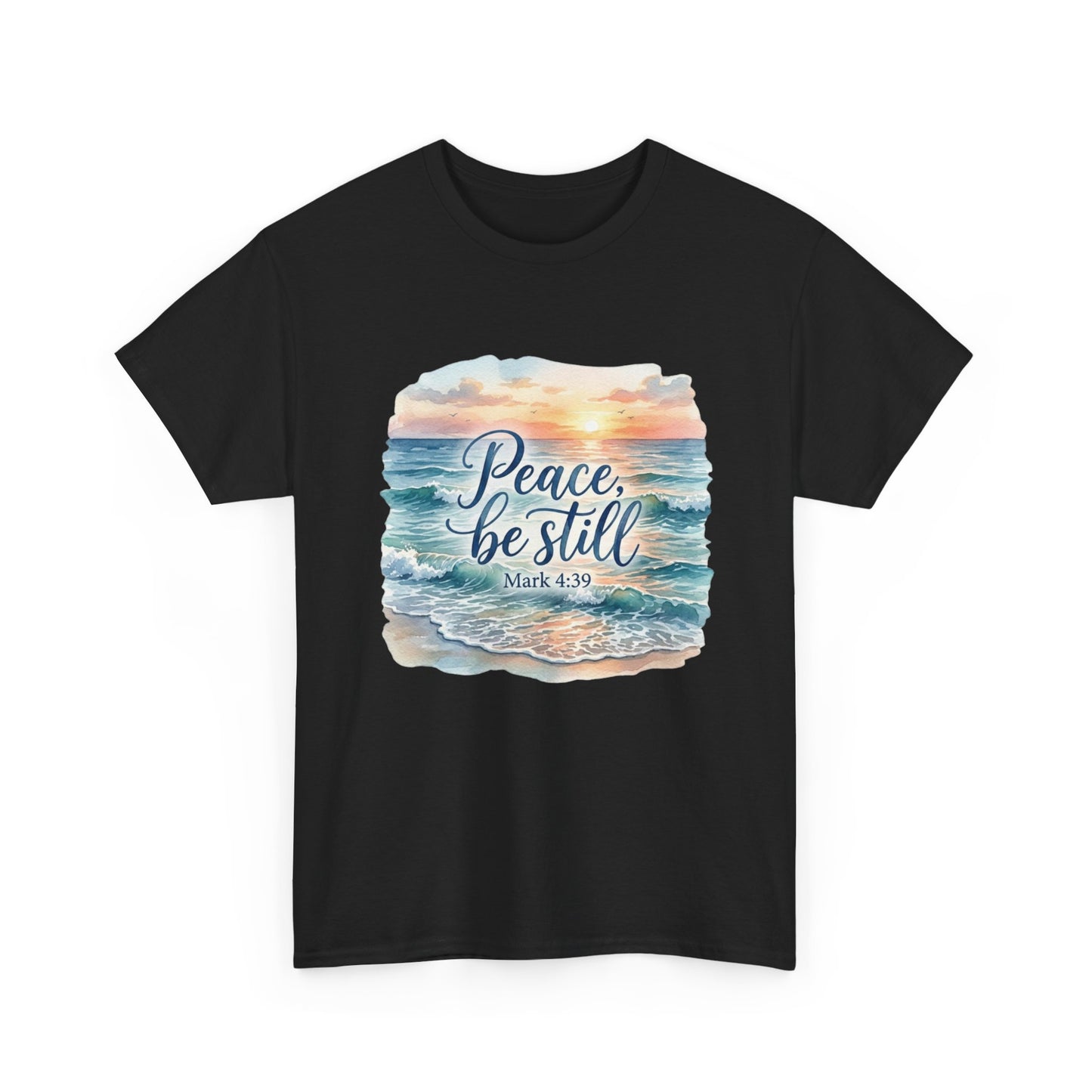 Peace Be Still T-Shirt — Beach Sunset Scripture Tee (Mark 4:39)
