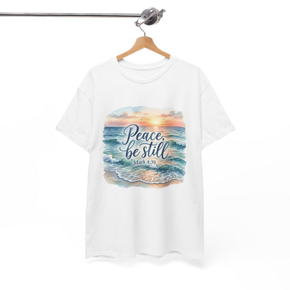 Peace Be Still T-Shirt — Beach Sunset Scripture Tee (Mark 4:39)