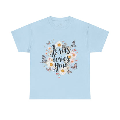 Christian T-Shirt — “Jesus Loves You” Floral Butterfly Tee